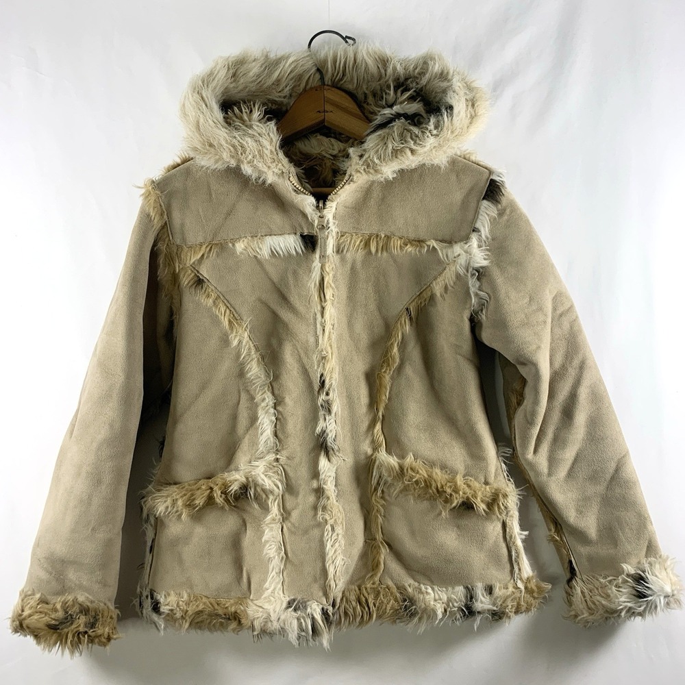 Womens Y2K Boho Indie Faux Suede Fur Trim Coat Size XS Reversible 70s Revival